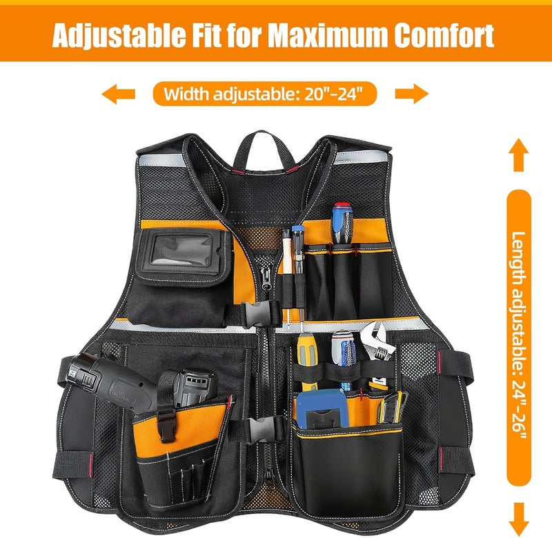 TooCust Tool Vest, Electrician Tool Vest for Men, 17 Compartments, Reflective Workwear with Drill Holster, Adjustable Waist & Upgraded Comfortable Neck Opening - Image 4